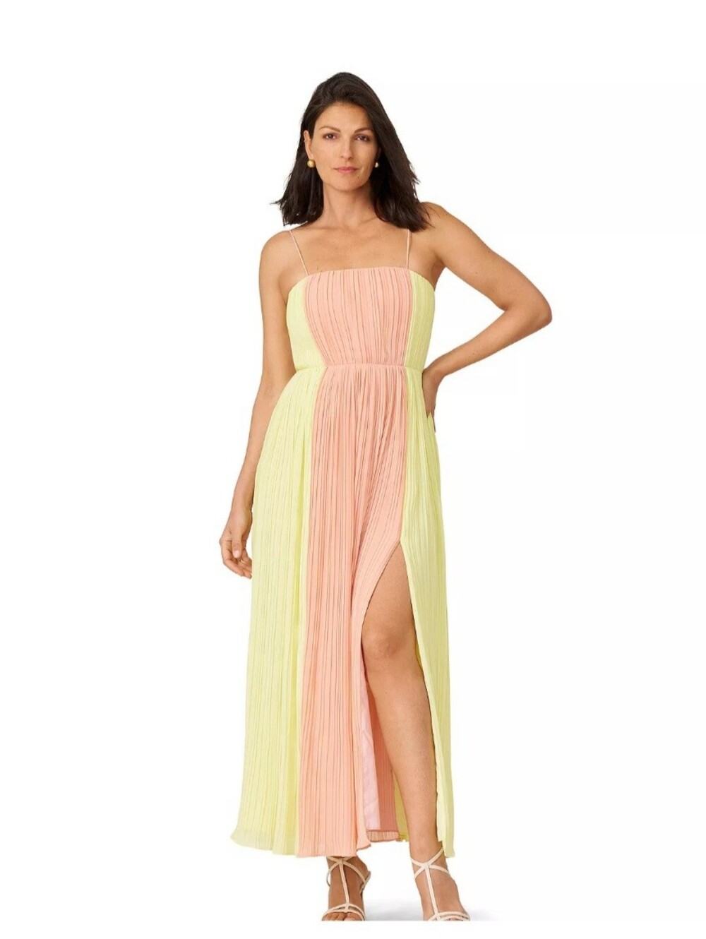 J. Mendel Pleated Spaghetti-Strap Maxi in Pink & Lemon